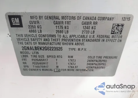 2016 Chevrolet Equinox Ls из США, поврежденный, VIN 2GNALBEK2G6223926